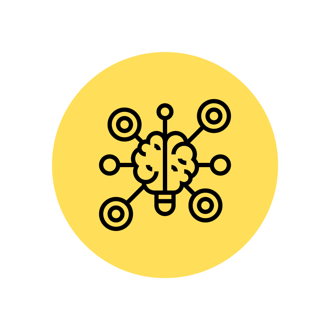Image of a brain lightbulb with different things emerging on a yellow background, to represent mindset.
