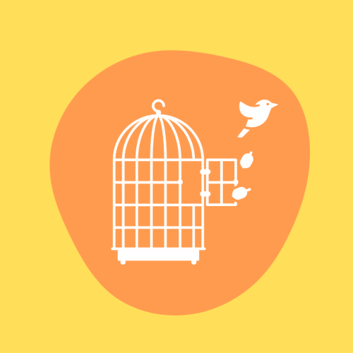 A white bird escaping from a white cage on an orange circular background with a yellow backdrop